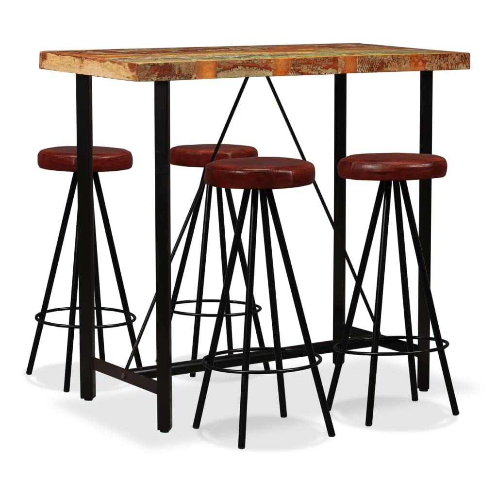 vidaXL Bar Set 5 Piece Heavy Duty Rustic Industrial High Stools Bistro Pub Restaurant Seating Set Solid Reclaimed Wood Genuine Leather Steel