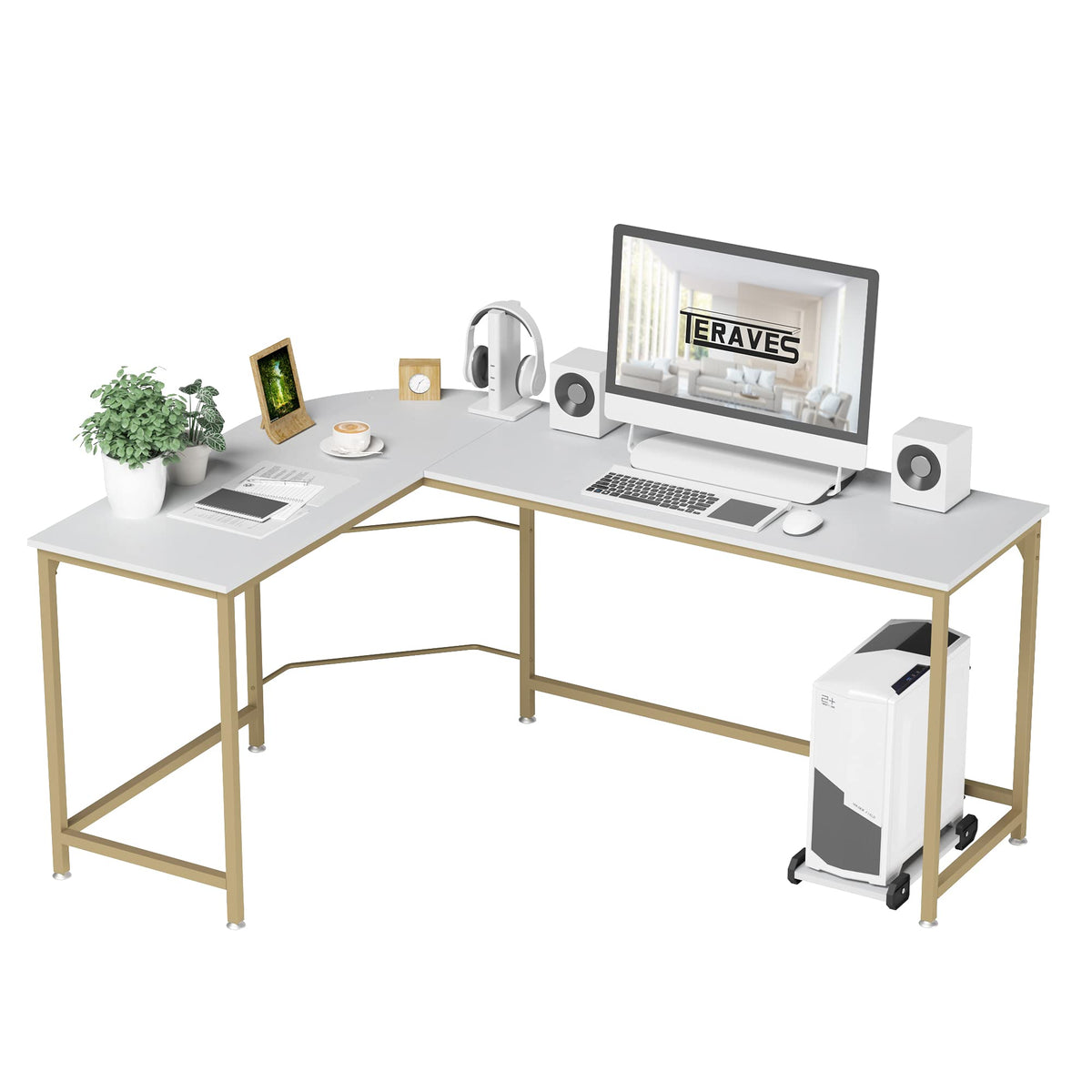 Teraves Reversible L Shaped Desk White - 57.9' Corner Gaming Computer Desk, Office Workstation Modern Home Study Writing Wooden Table