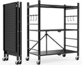 Himix Storage Shelves with 6 Hooks, 3 Tier Foldable Shelf with Wheels, Metal Storage Shelving Unit Rolling Cart, Utility Shelf R