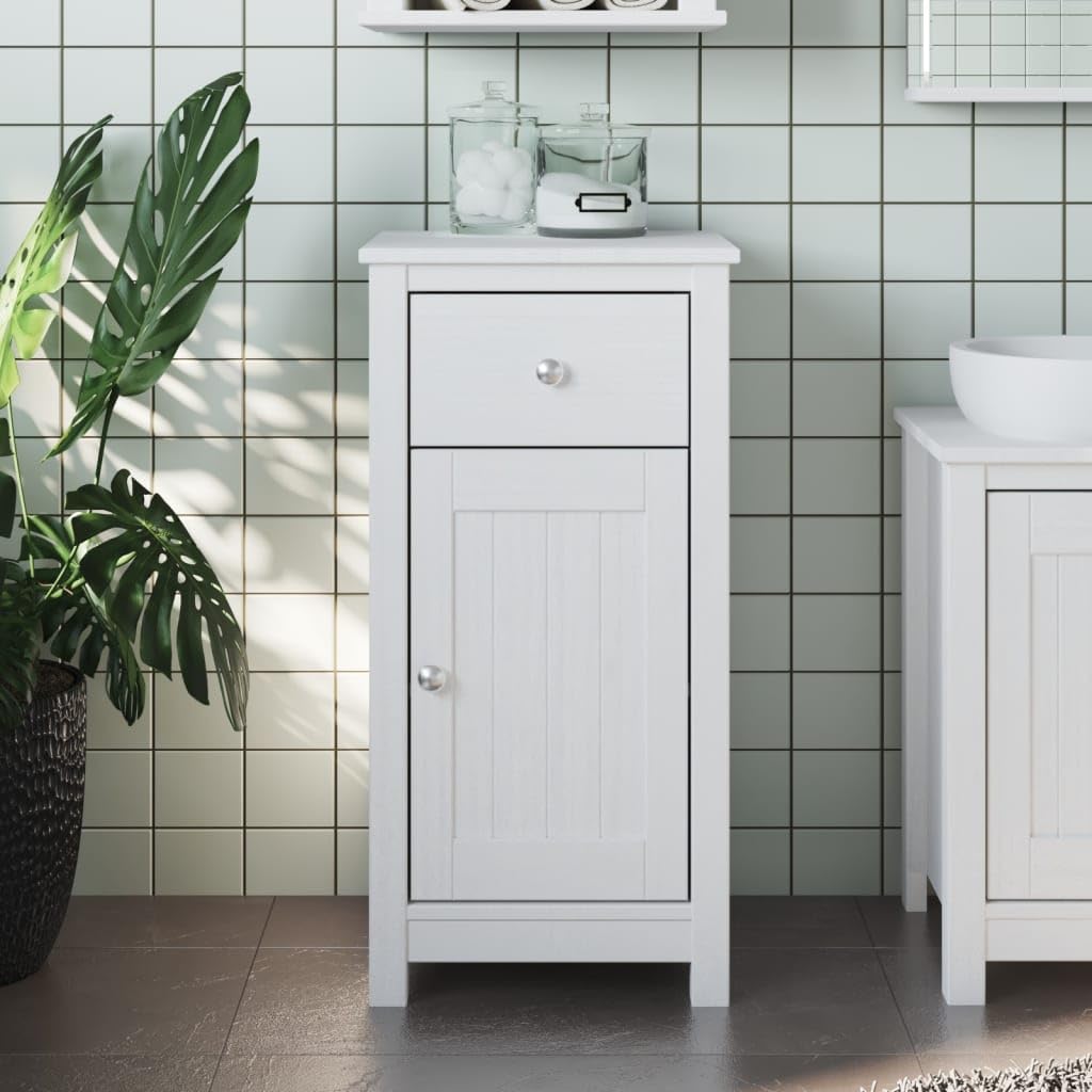 vidaXL Bathroom Cabinet Berg White, Solid Pine Wood Construction, Ample Storage with Drawer and Door, Easy-Glide Metal Slides, Easy-to-Clean UV-Painted Design, Modern Styling with Metal Handles