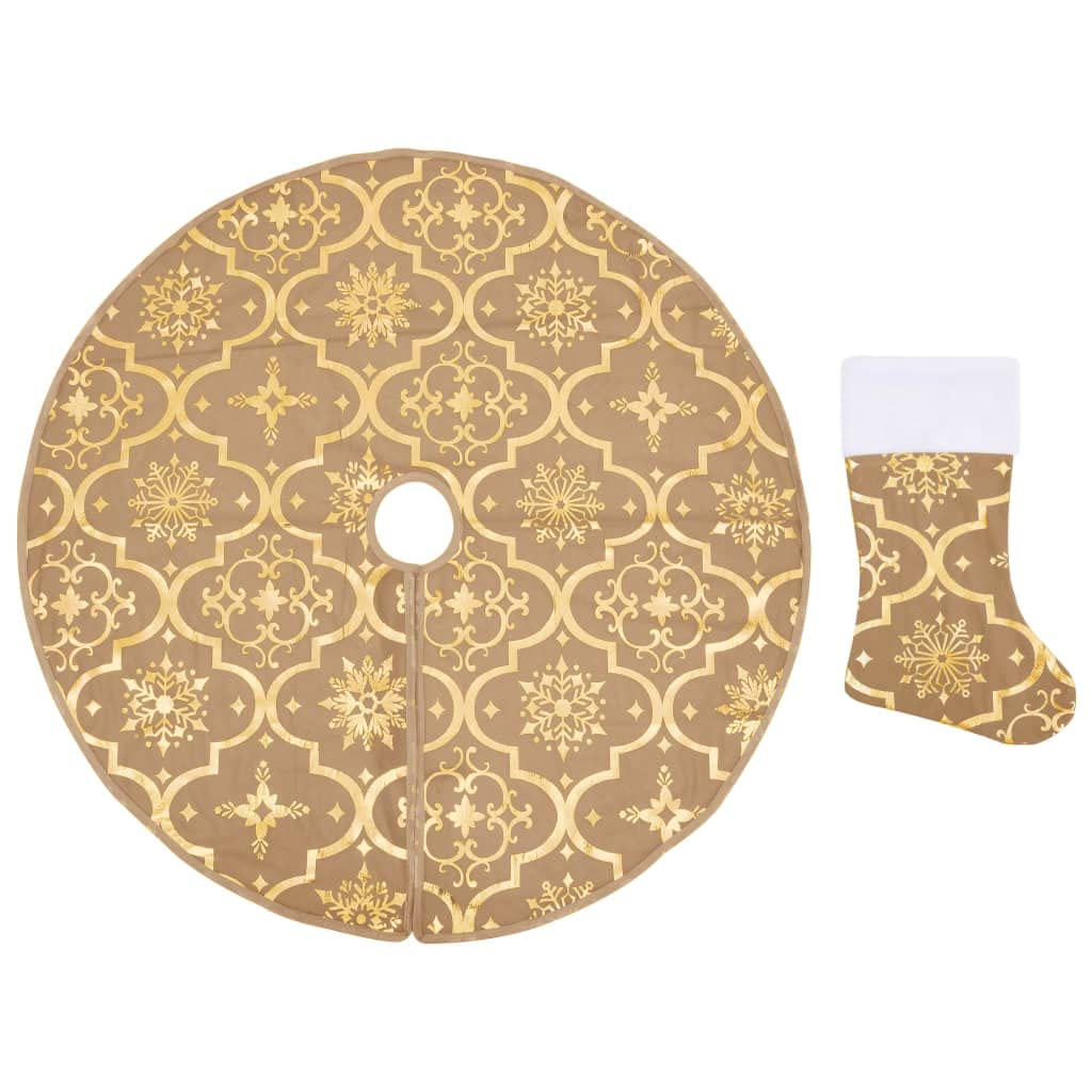 vidaXL Yellow Fabric Christmas Tree Skirt with Snow Pattern and Sock, 5ft Diameter - Luxurious and Festive Tree Base Cover for C