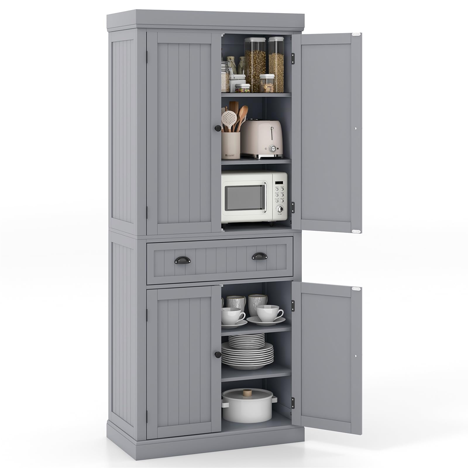 Tangkula 72' H Kitchen Pantry Cupboard Cabinet, Traditional Freestanding Large Tall Storage Cabinet With 2 Cabinets And Drawer, Adjustable Shelves, For Living Room Kitchen, 30 X 16 X 72 Inch