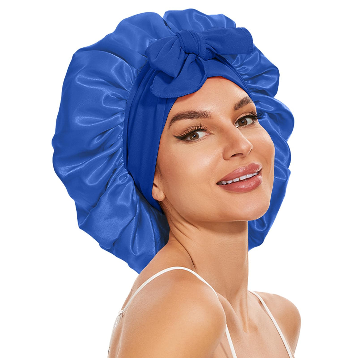 Silk Bonnet for Sleeping Women, Silk Hair Bonnet for Sleeping, Silk Hair Wrap for Sleeping Women, Satin Bonnet with Tie Band Blu