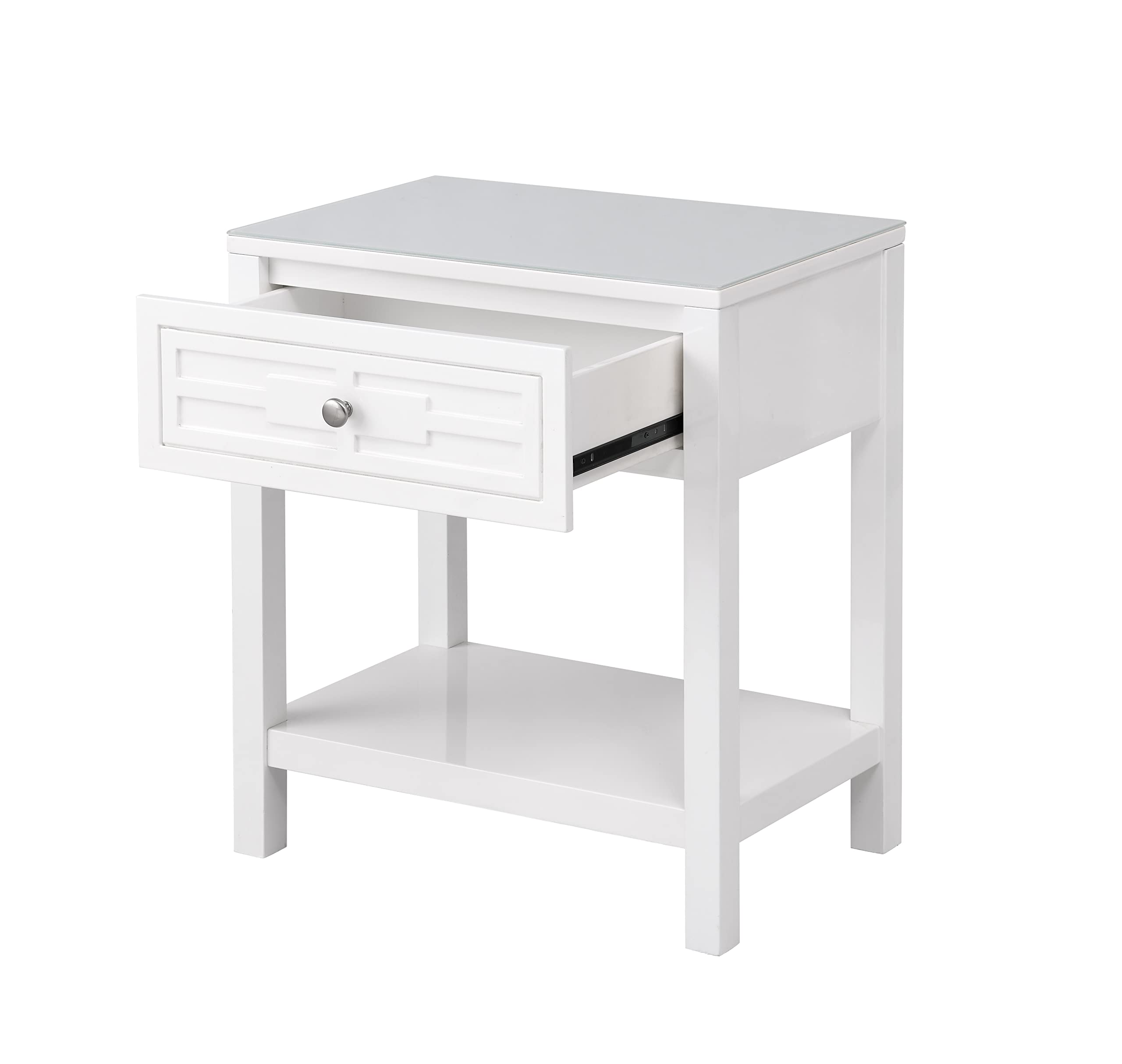 Lilola Home Dylan White Wooden End Side Table Nightstand with Glass Top and Drawer
