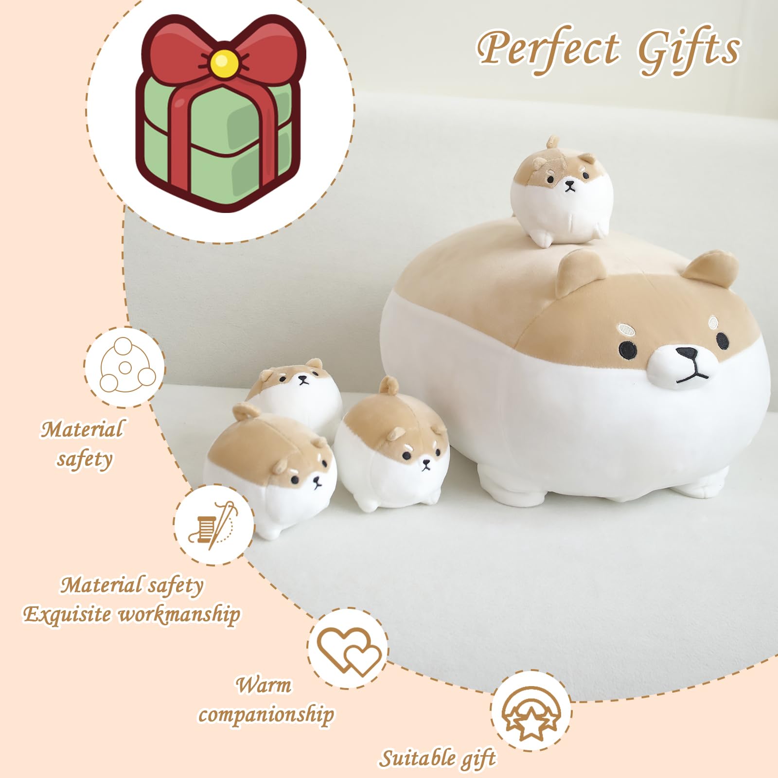 Toysym Shiba Inu Plush Kawaii Corgi Stuffed Animals With 4 Baby Corgi Plushies In Her Tummy, Soft Cotton Dog Plush Animal Pillow