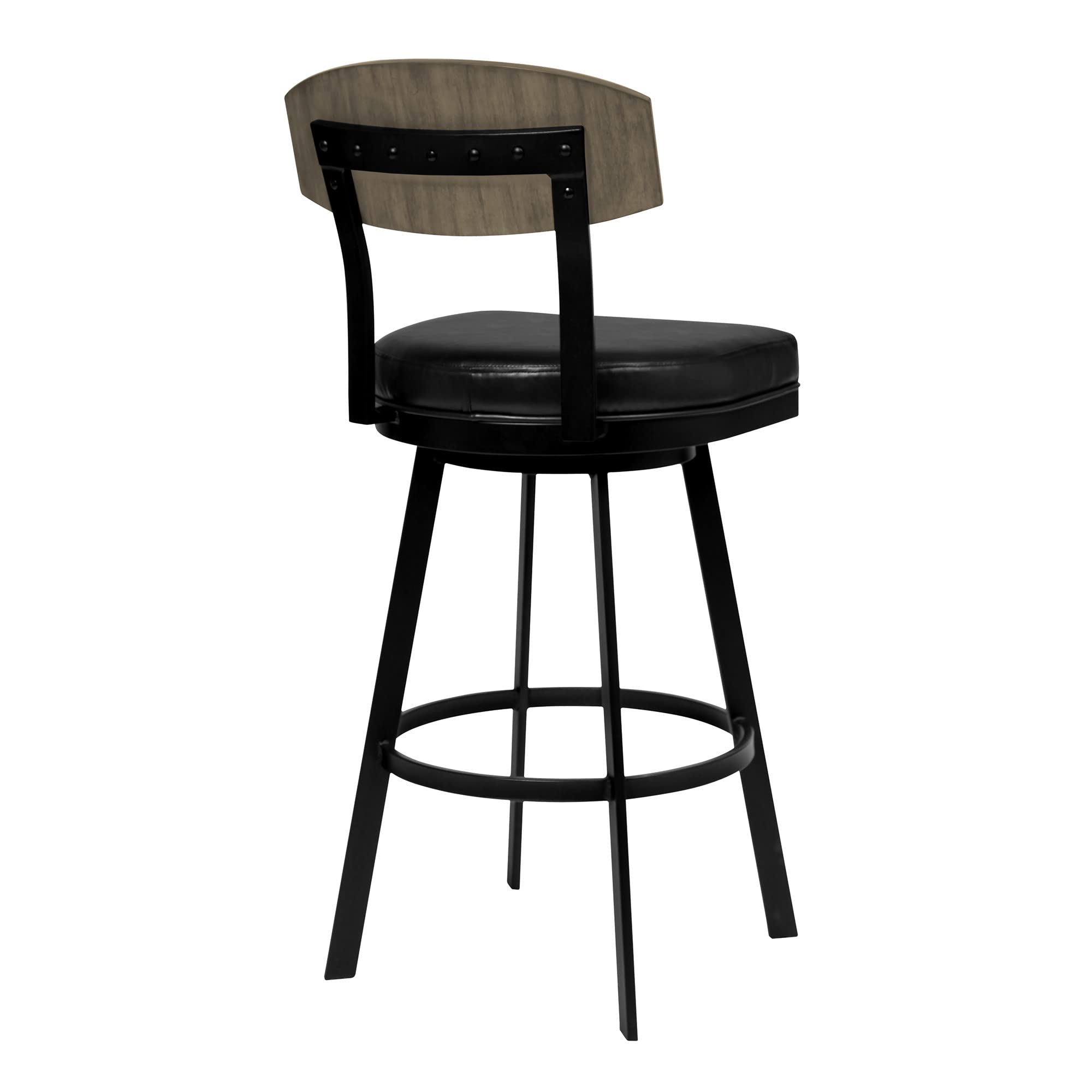 HomeRoots Vintage Black Faux Leather 30' Black Faux Leather Black Metal and Gray Walnut Open Back Swivel Bar Stool