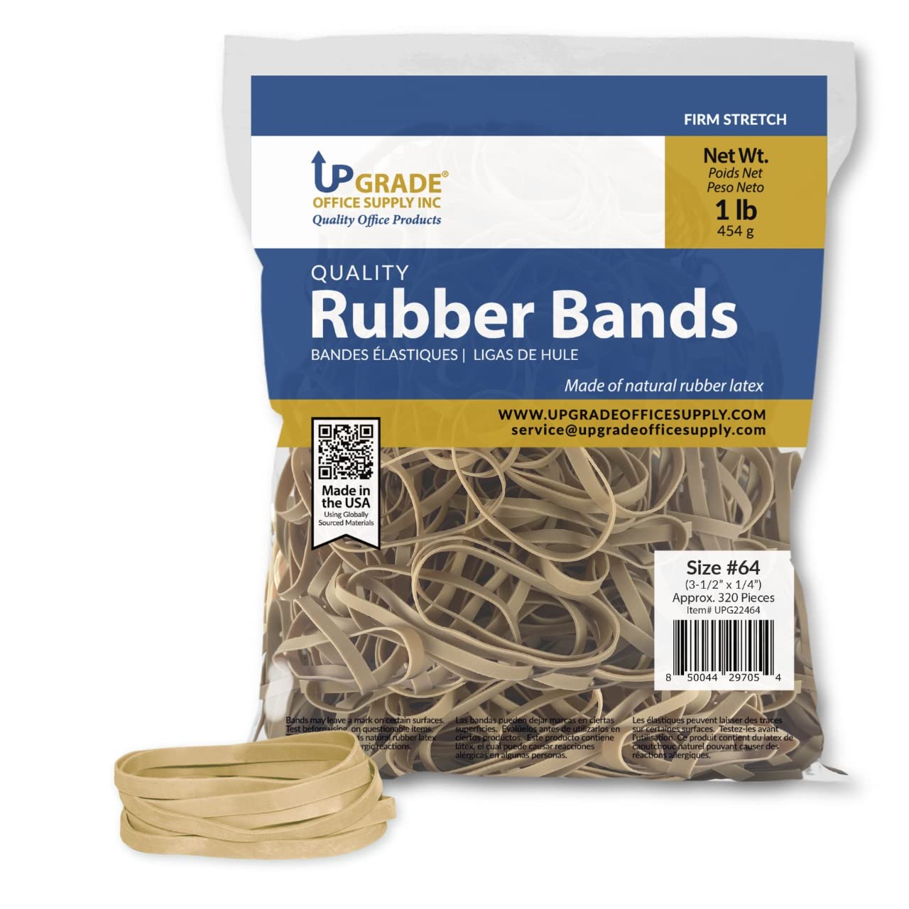 Upgrade Office Supply Upg22464 Rubber Bands, Size #64 (3-1/2' X 1/4') Natural Crepe, Made In Usa (1 Pound Bag)