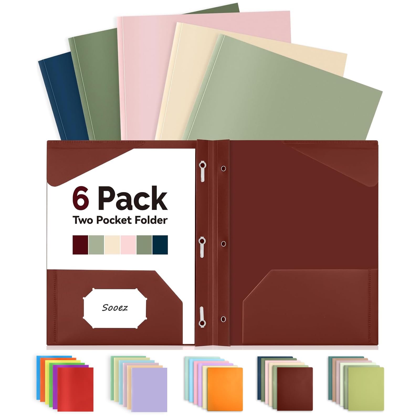 Sooez Retro Colors File Folders With Prongs, 6 Pack, 2 Pocket Folders, Letter Size, Heavy-Duty Plastic, School & Office Supplies