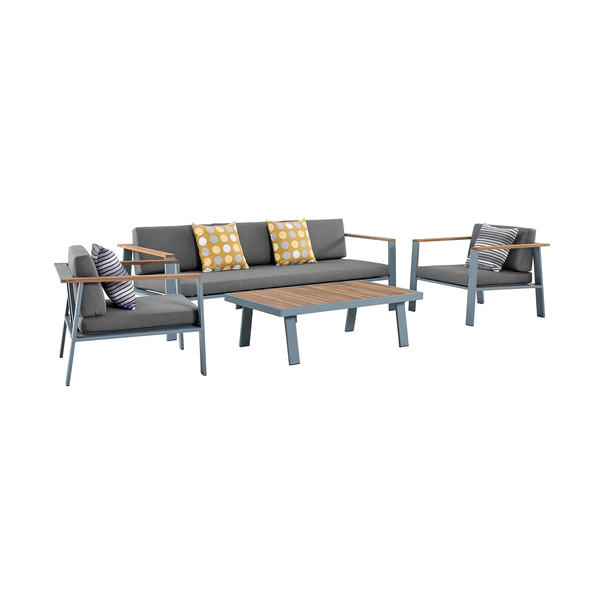 Armen Living Nofi Outdoor 4 Piece Patio Set, Gray/Teak Wood