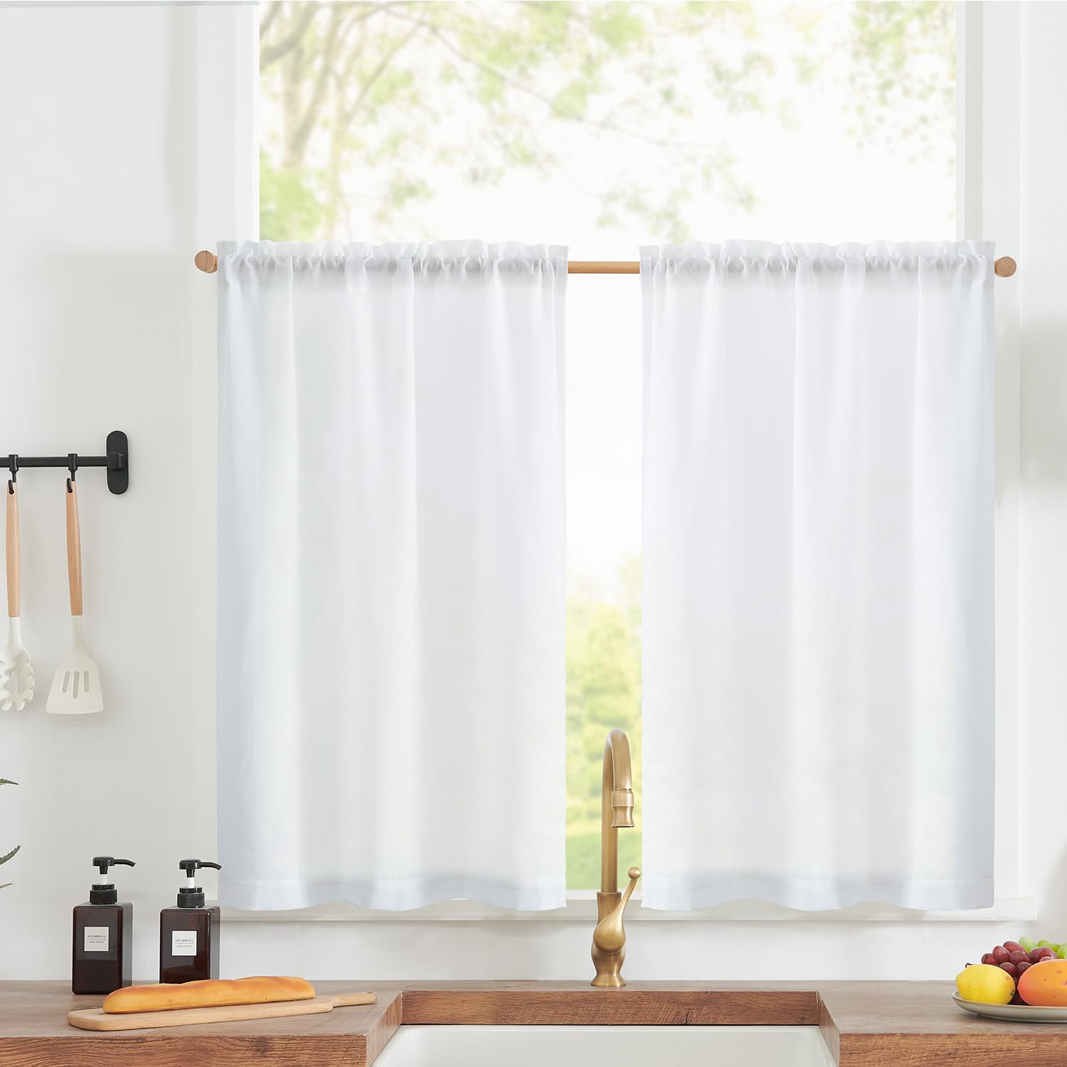 Jinchan Linen Textured Tier Curtains 36 Inch For Kitchen Windows Country Farmhouse Cafe Small Curtains Rustic Light Filtering Half Curtains For Living Room Laundry Bathroom Rod Pocket 2 Panels White