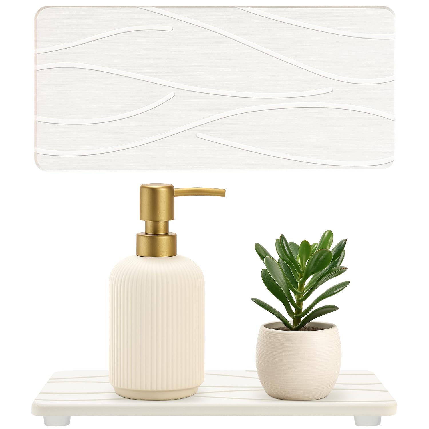 2Pcs Water Absorbing Stone Drying Tray for Bathroom Kitchen Counter Decor Soap Dish Dispenser Sponge Holder White Bathroom Vanit