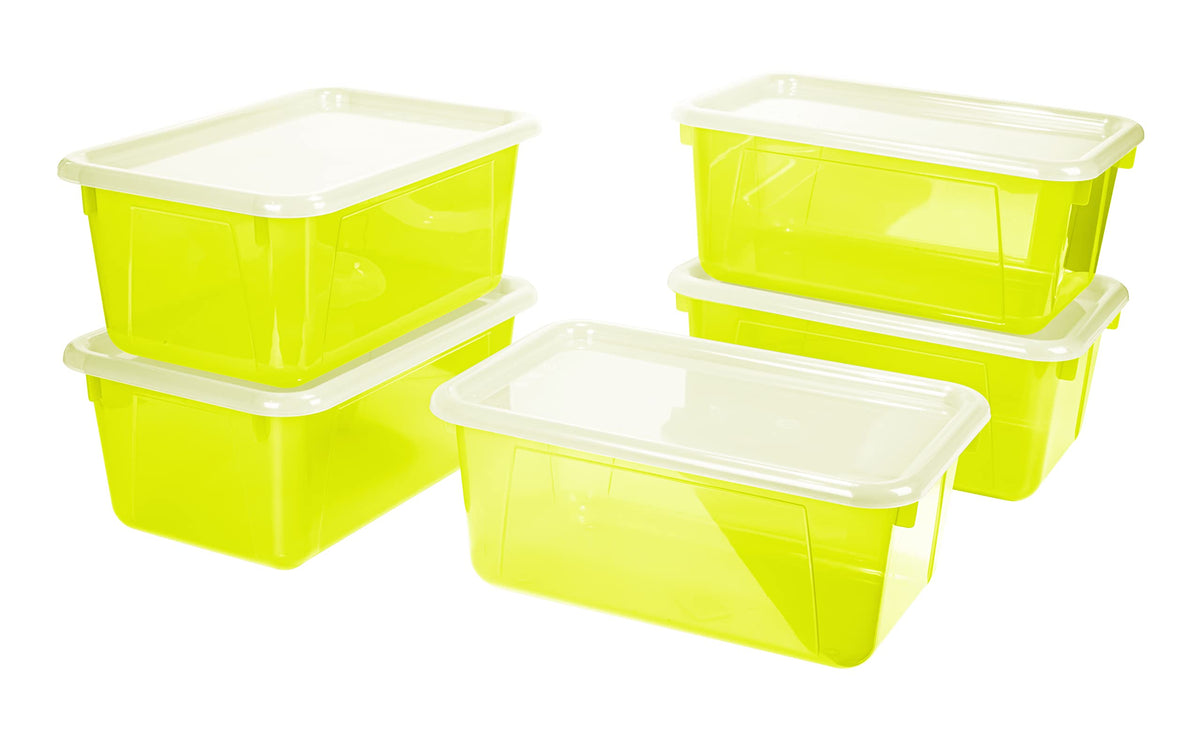 Storex Small Cubby Bins - Plastic Storage Containers For Classroom With Non-Snap Lid, 12.2 X 7.8 X 5.1 Inches, Tint Yellow, 5-Pa