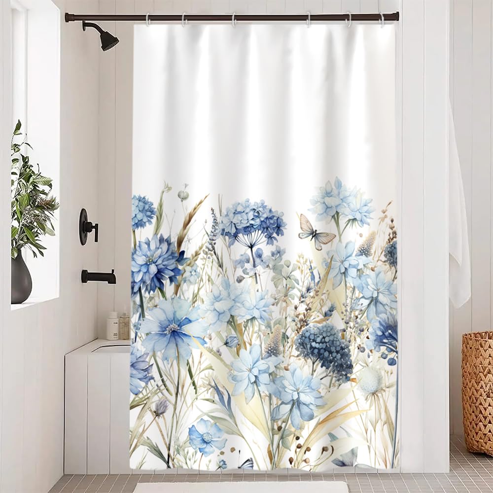 Ruelvth Blue Floral Shower Curtain, Watercolor Hydrangea Flower Shower Curtain for Bathroom Waterproof Fabric Shower Curtain Set