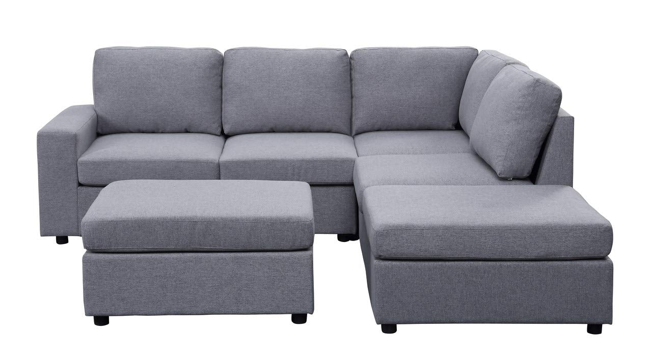 Lilola Home Marta Light Gray Linen 6 Seat Reversible Modular Sectional Sofa with Ottoman