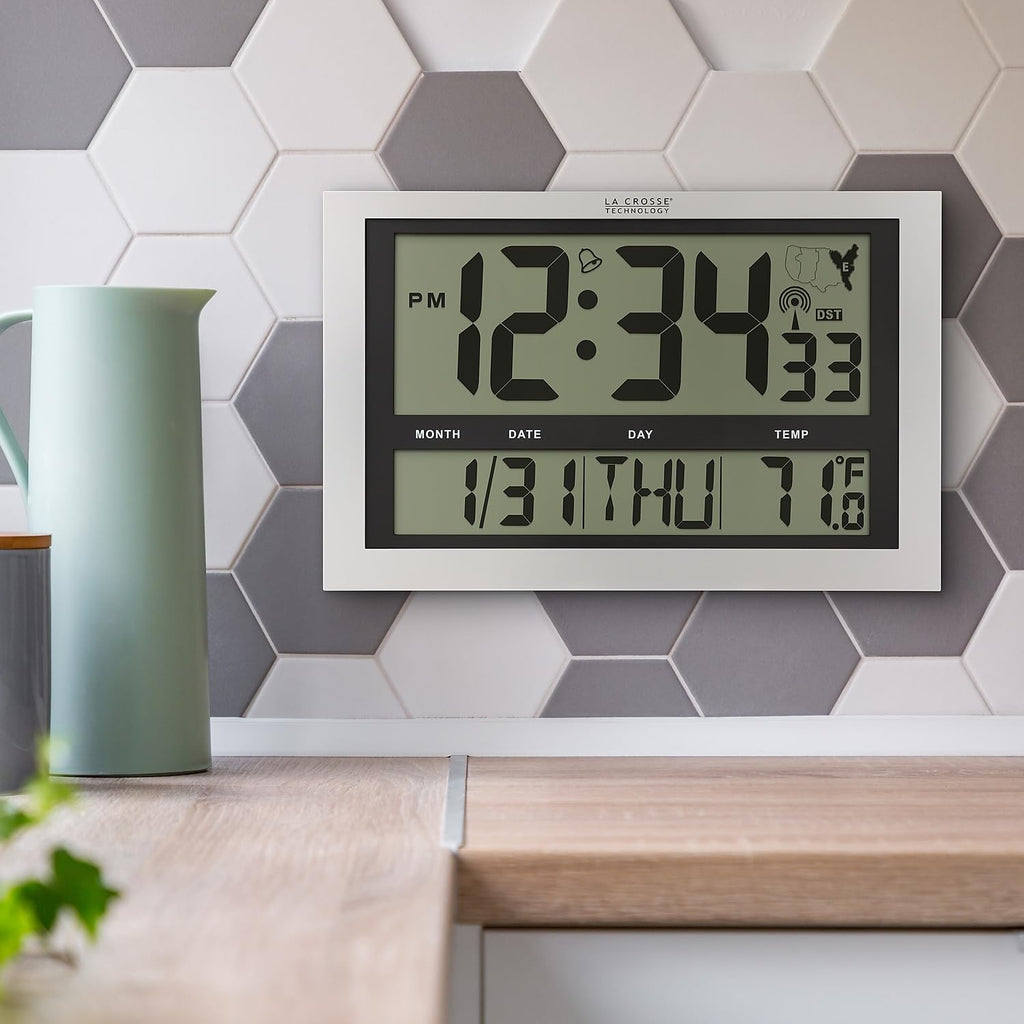 La Crosse Technology 513-1211 Atomic Wall Clock With Jumbo Lcd Display With Indoor Temperature , Silver