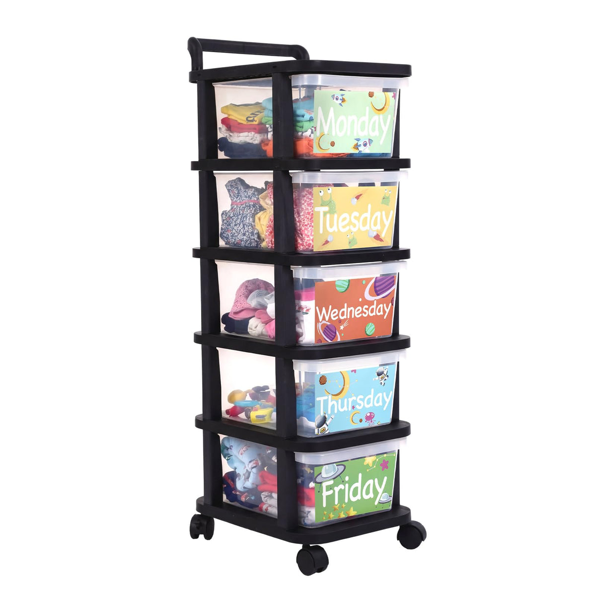 Wesiti 5 Shelf Weekly Clothes Organizer for Kids,Astronaut,Black