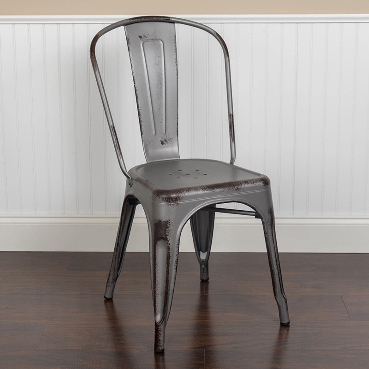 Flash Furniture Tenley Commercial Grade Distressed Silver Gray Metal Indoor-Outdoor Stackable Chair
