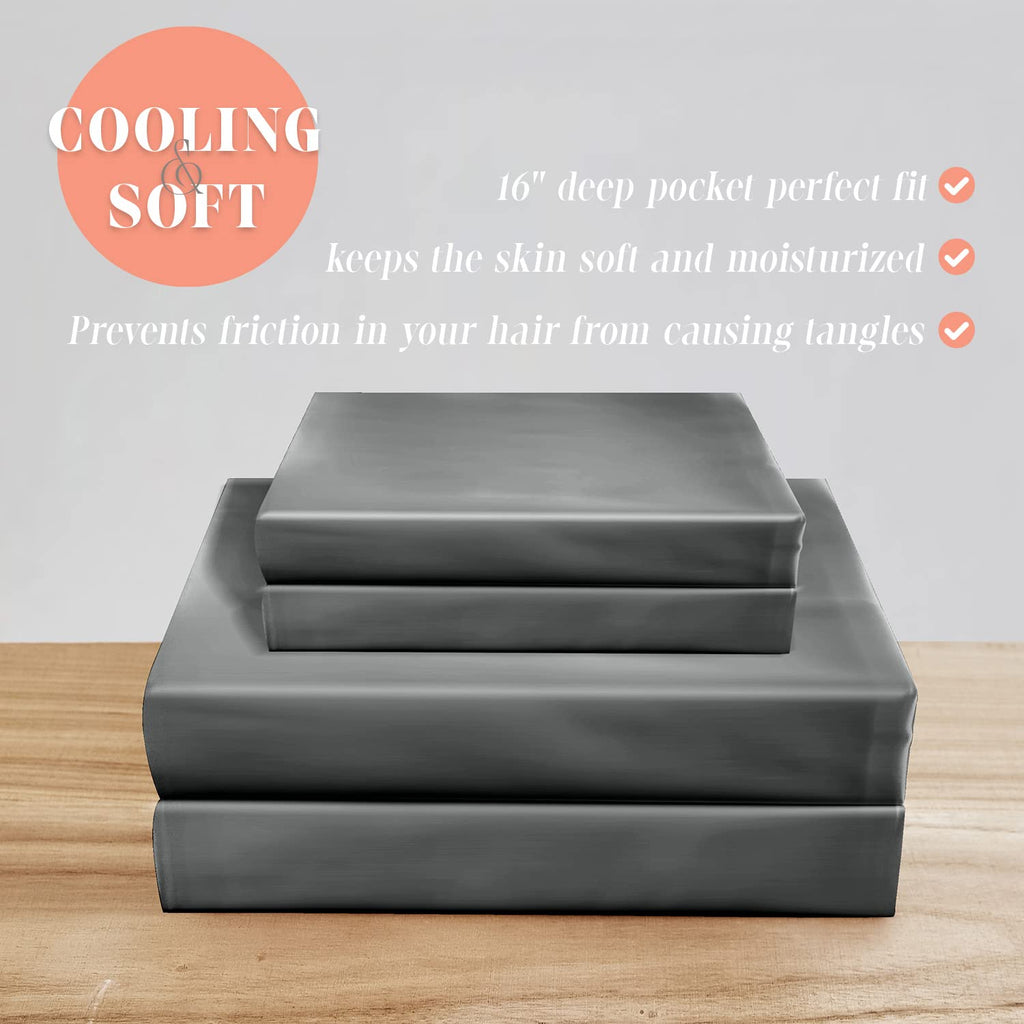 Elegant Comfort Luxurious 4-Piece Silky Satin Sheet Set, Skin And Hair Friendly, Wrinkle, Fade, Stain Resistant With Deep Pockets Fitted Sheet, Cooling Soft Satin Sheet Set, Cali King, Gray