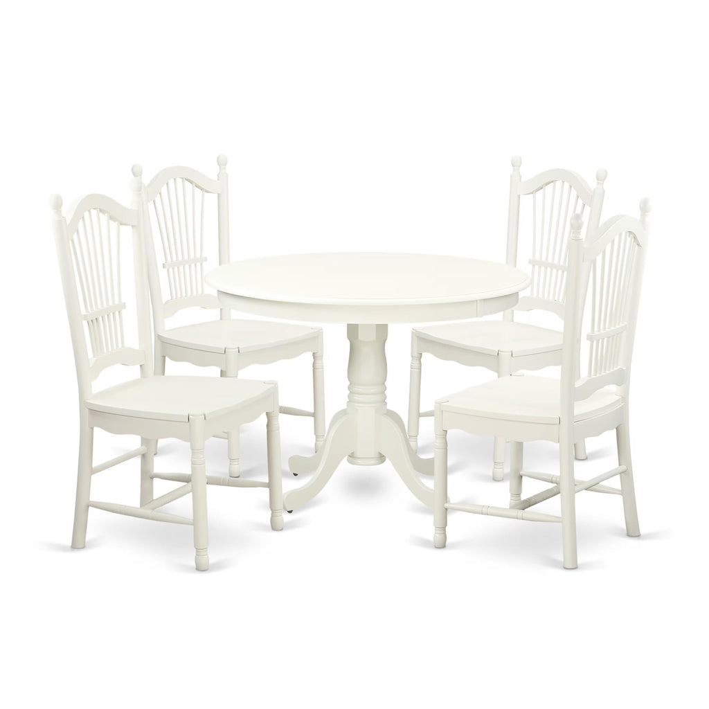 East West Furniture HLDO5-LWH-W 5 Piece Dining Table Set for 4 Includes a Round Kitchen Table with Pedestal and 4 Dining Room Chairs, 42x42 Inch, Linen White