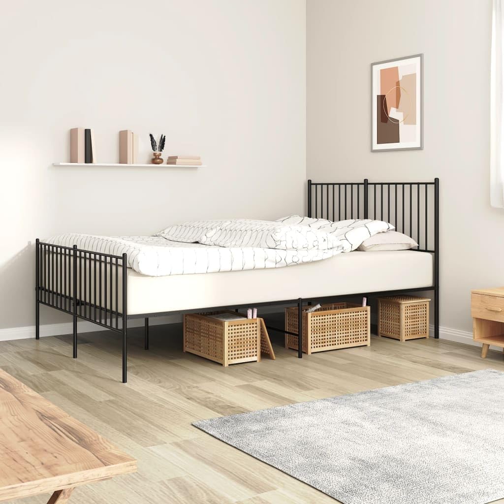 vidaXL Modern Double Bed Frame, Robust Powder-Coated Steel Construction, Functional Headboard and Footboard, Extra Under-Bed Storage, Easy Assembly Required, Fits 53.9&quot;x74.8&quot; Mattress, Classic Bla...