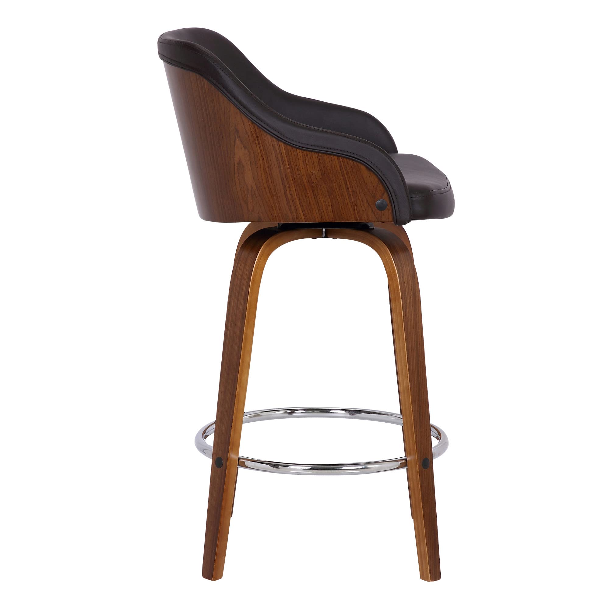 HomeRoots Chrome Steel,Faux Leather,Plywood 26" Brown Swivel Faux Leather Walnut Wooden Bar Stool