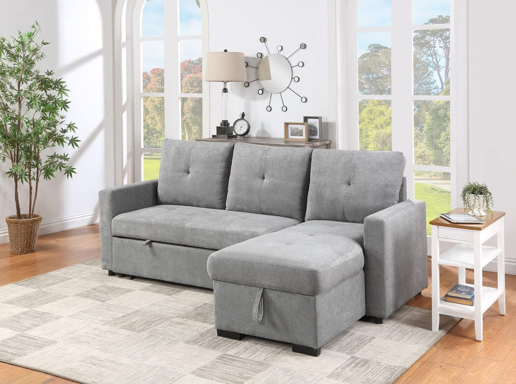 Lilola Home Serenity Gray Fabric Reversible Sleeper Sectional Sofa with Storage Chaise