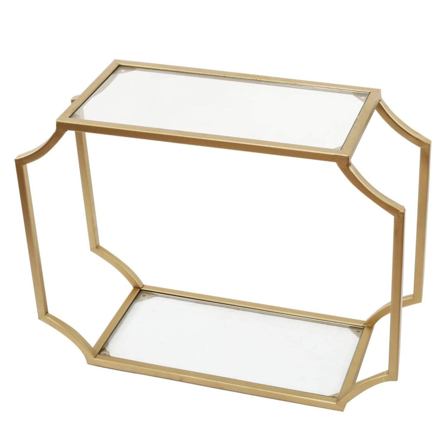 Benjara Bm196303 Metal Wall Shelf With Two Glass Shelves And Smooth Chamfered Corners, Clear, Gold And Cream