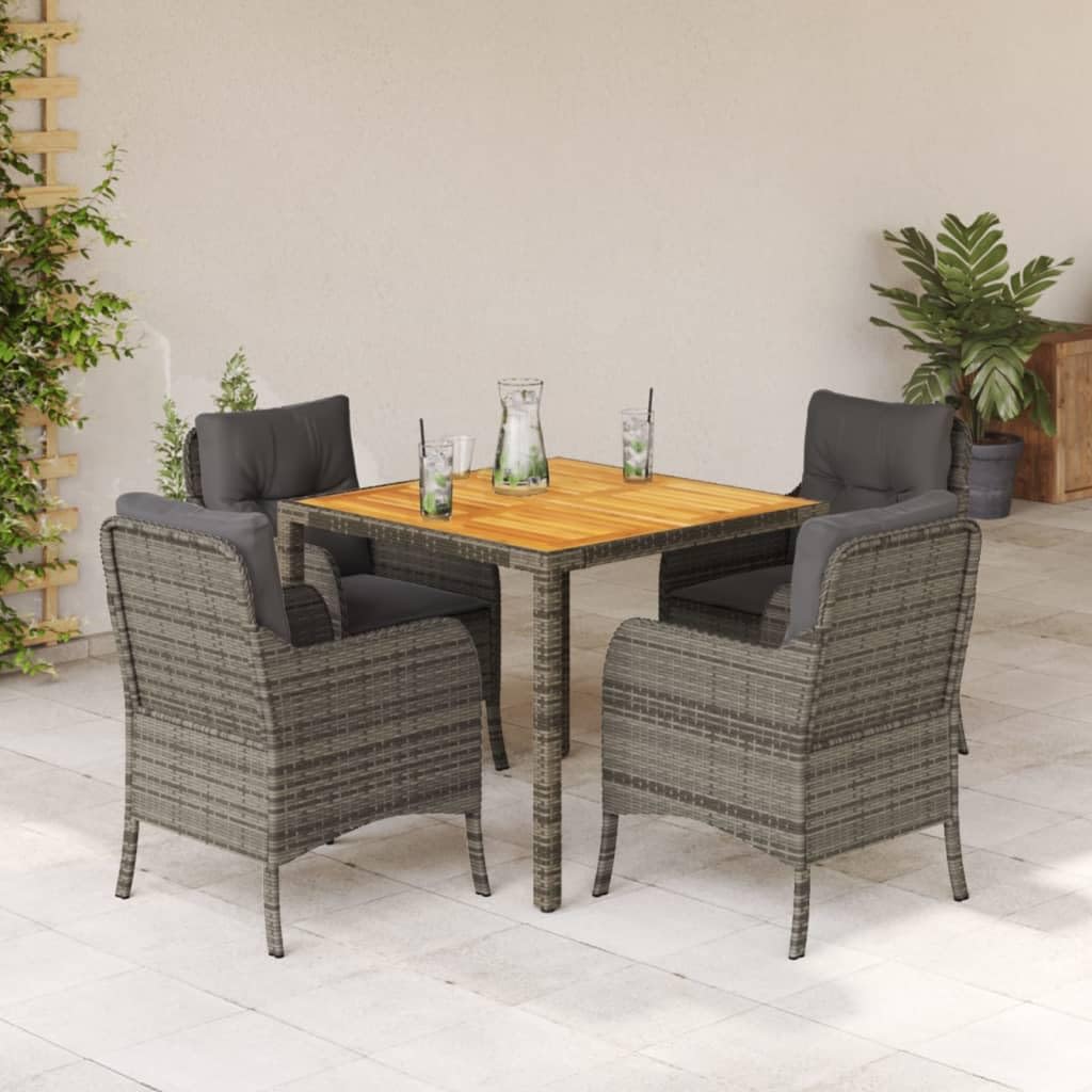 vidaXL - 5 Piece Patio Dining Set with Cushions - Gray Poly Rattan - Acacia Wood Table Top - Outdoor Garden Furniture Set - 35.4&quot; Table - 4 Chairs Included
