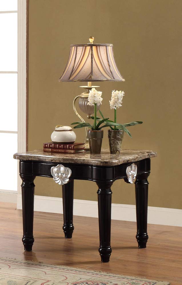 Acme Ernestine Marble Top End Table with Carved in Black