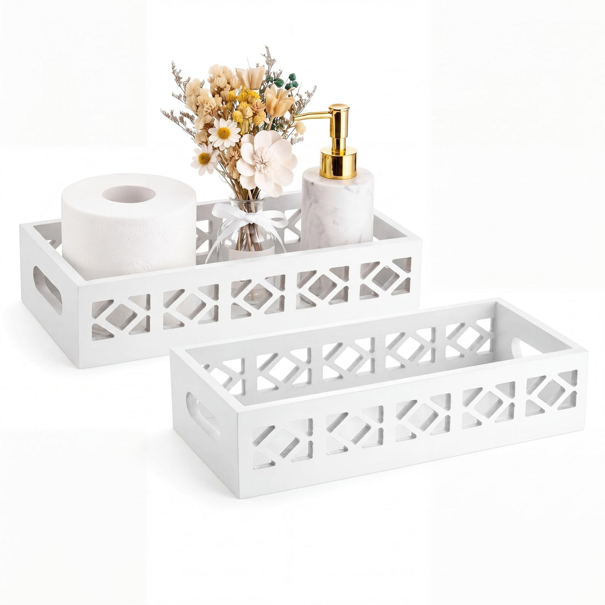 Qunclay 2 Pcs White Toilet Tank Baskets Wooden Back of Toilet Paper Baskets