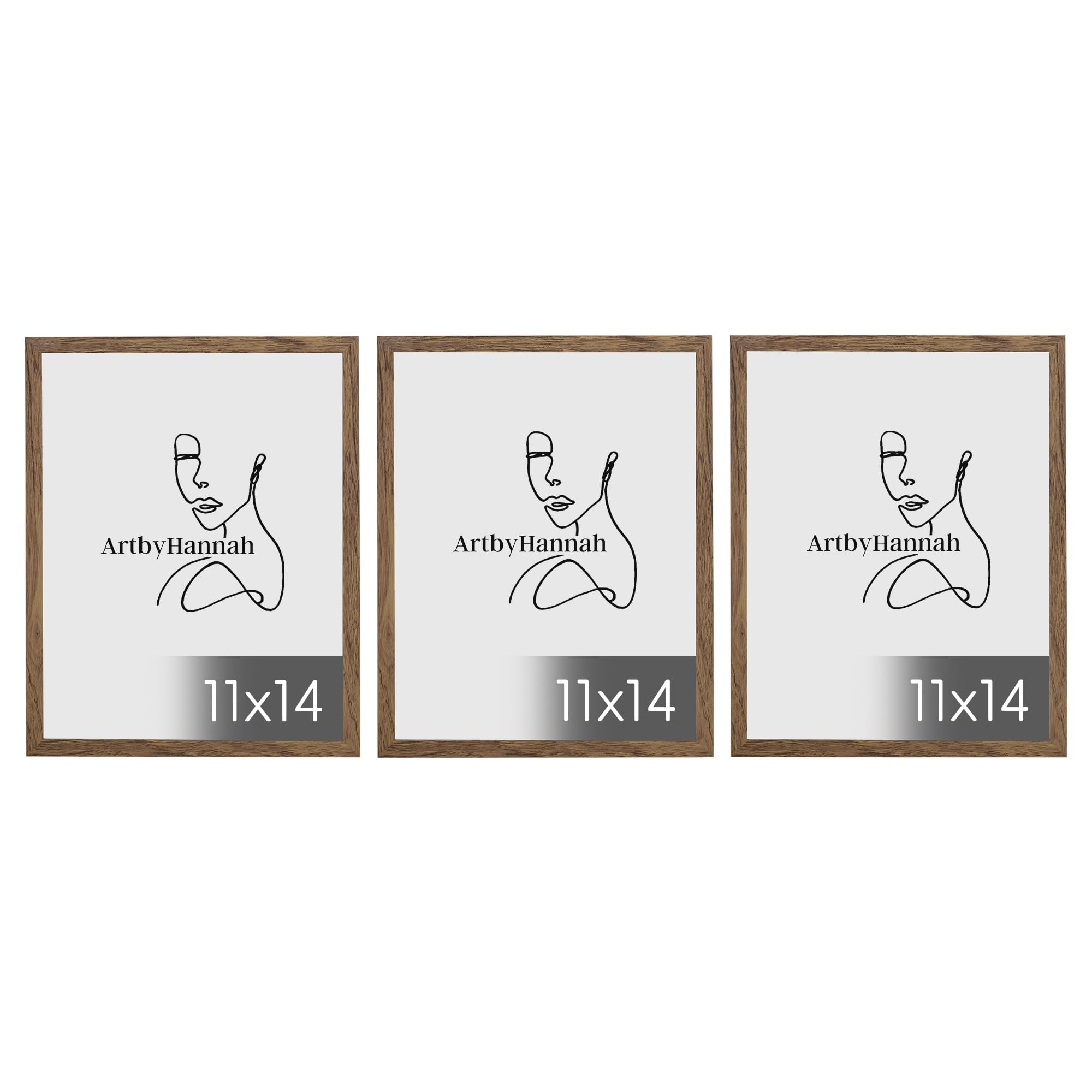 ArtbyHannah 11x14 Picture Frame Set of 3, Walnut Picture Frames for Wall Mount, Photo Frame for Posters&Art Prints (Including Ex