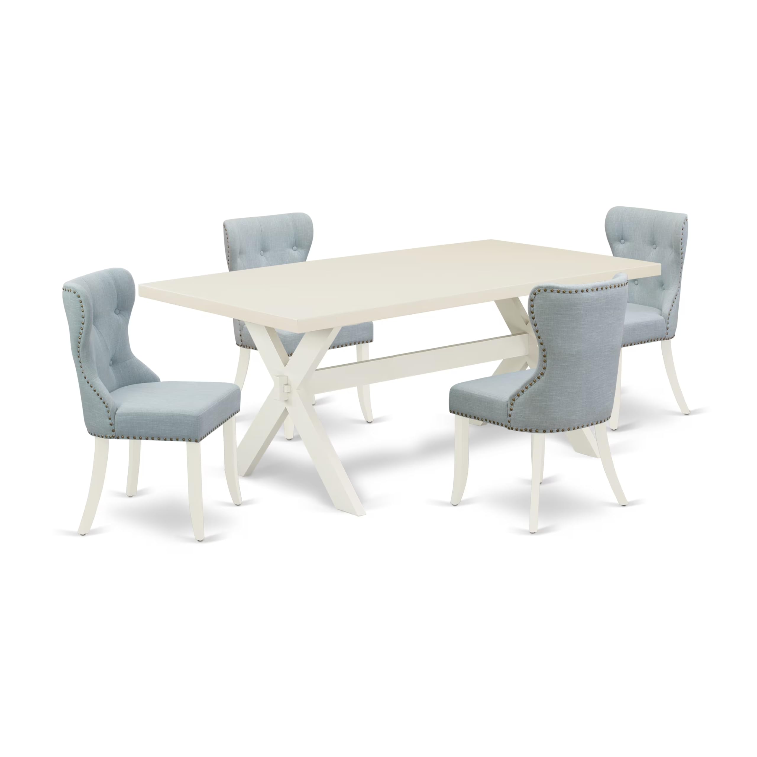 East West Furniture X027Si215-5 5 Piece Dining Room Table Set Includes A Rectangle Dining Table With X-Legs And 4 Baby Blue Linen Fabric Upholstered Parson Chairs, 40X72 Inch, Multi-Color
