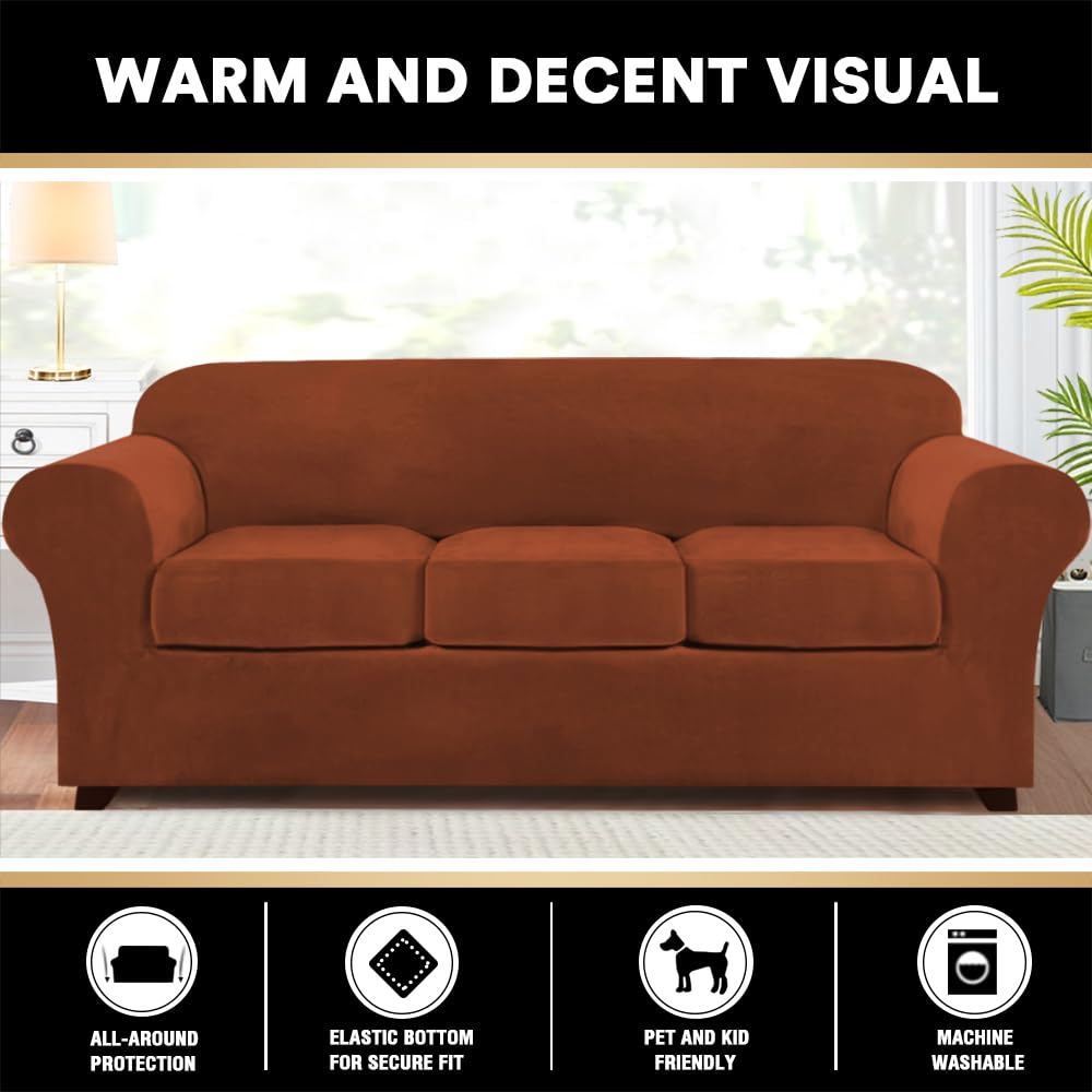 Princedeco 4 Pieces Couch Covers Velvet Couch Covers For 3 Cushion Sofa Soft Furniture Protector With Non Slip Elastic Bottom Washable Couch Covers Width Up To 90 Inch (Large, Rust)