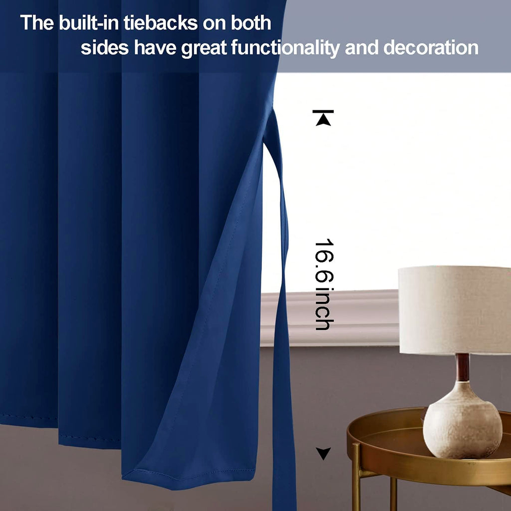 Jiuzhen Blackout Curtains With Tiebacks-Thermal Insulated, Light Blocking And Noise Reducing Grommet Curtain Drapes For Bedroom/Living Room, Set Of 2 Curtain Panels, 34 X 24 Inch Length, Classic Blue