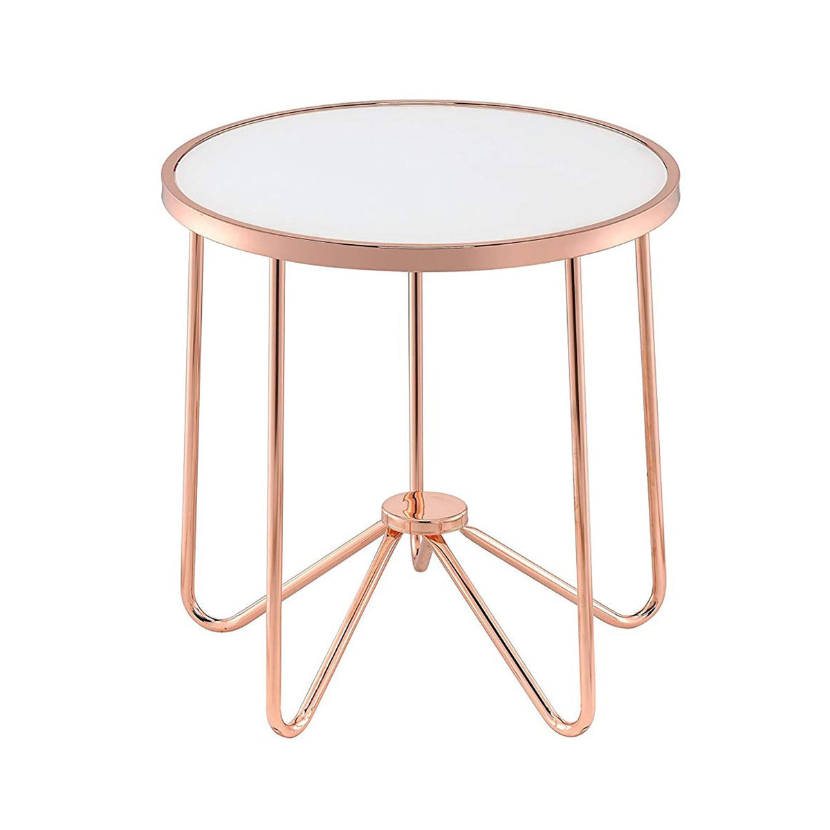 Acme Alivia Round Glass Top End Table In Frosted Glass And Rose Gold