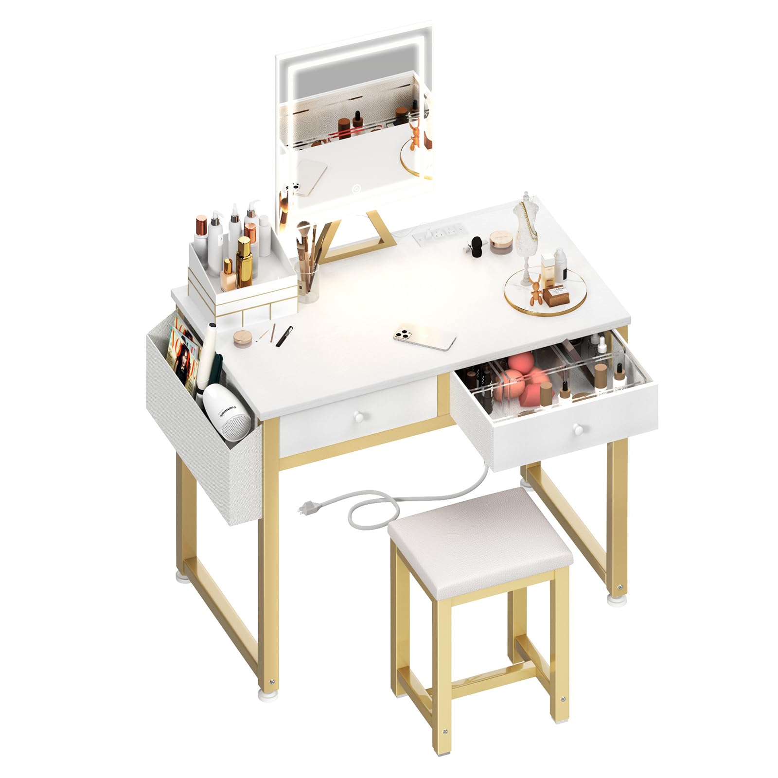 Lufeiya Small Makeup Vanity Desk with Fabric Drawers, 32 inch White Vanity Desks with Mirror and Light, Dressing Table and Chair