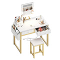 Lufeiya Small Makeup Vanity Desk with Fabric Drawers, 32 inch White Vanity Desks with Mirror and Light, Dressing Table and Chair