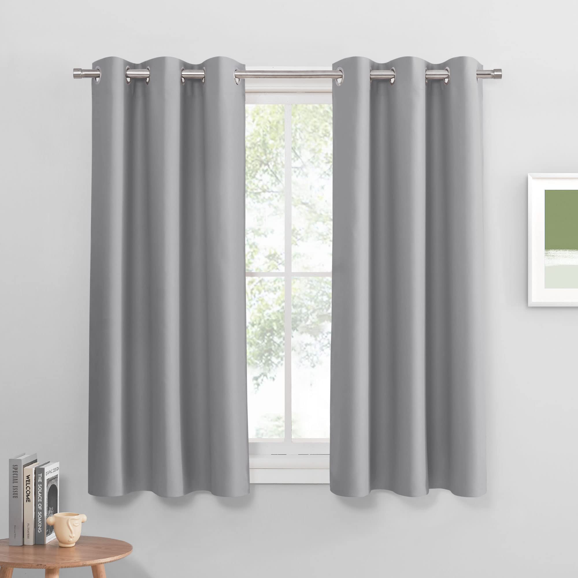 PONY DANCE Short Silver Grey Curtains for Small Windows, Blackout Thermal Insulating Drapes for Home Theatre Bathroom Kitchen Ba
