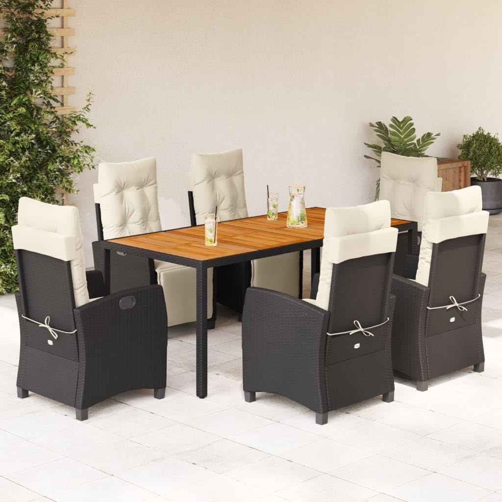 vidaXL 7 Piece Patio Dining Set with Cushions - Black Poly Rattan, Adjustable Chairs, Acacia Wood Table, Weather-Resistant, Outdoor/Garden/Patio - Comfortable, Easy-to-Clean