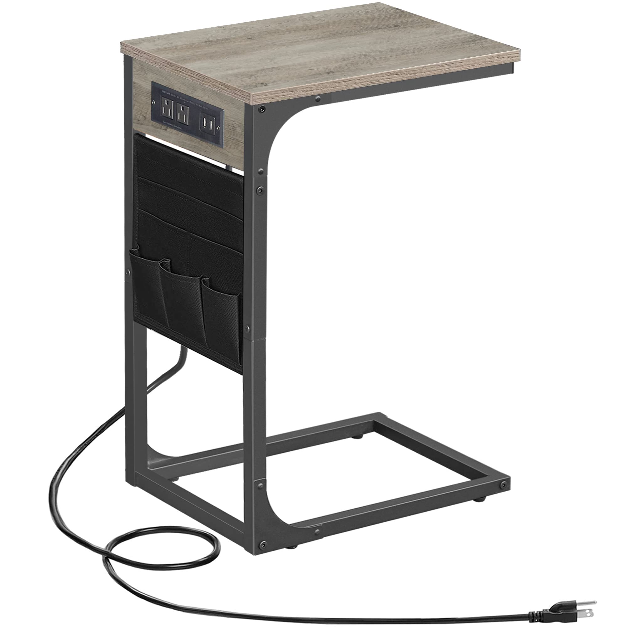 Tutotak C Shaped End Table With Charging Station, Side Table For Sofa, Couch Table With Storage Bag, Tv Tray Table With 2 Usb Ports And Outlets For Living Room, Bedroom Tb01Bg024