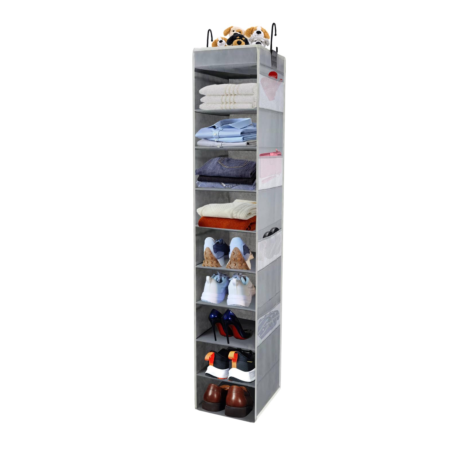 roomtalk Large-Sized Hanging Shoe Organizer 10-Shelf, Sturdy Hanging Closet Organizer with 8 Side Pockets, Wider Hanging Shelves