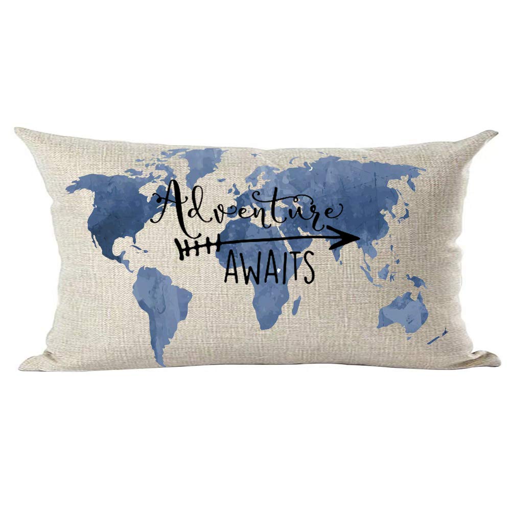 Ramirar Watercolor Blue World Map Adventure Awaits Arrow Columbus Day Lumbar Throw Pillow Cover Case Home Living Room Bed Sofa C