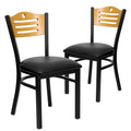 2 Pk. Black Slat Back Metal Chair - Natural Wood Back, Black Vinyl Seat