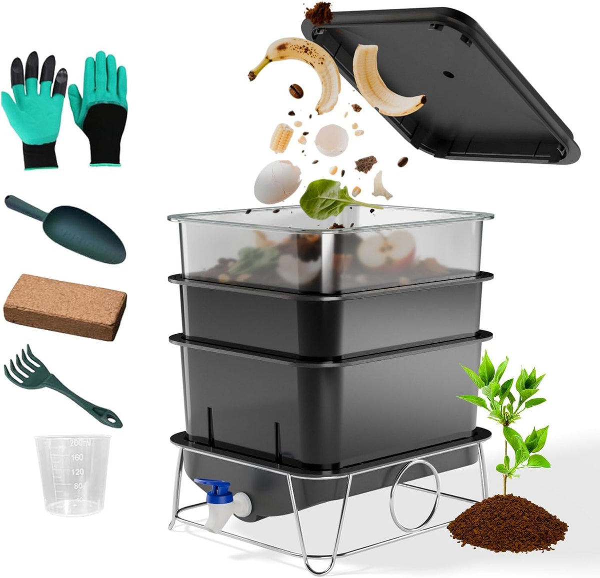 HCGADON 3Tray 15L Worm Farm,Indoor Worm Compost Bin for Kitchen Food Waste