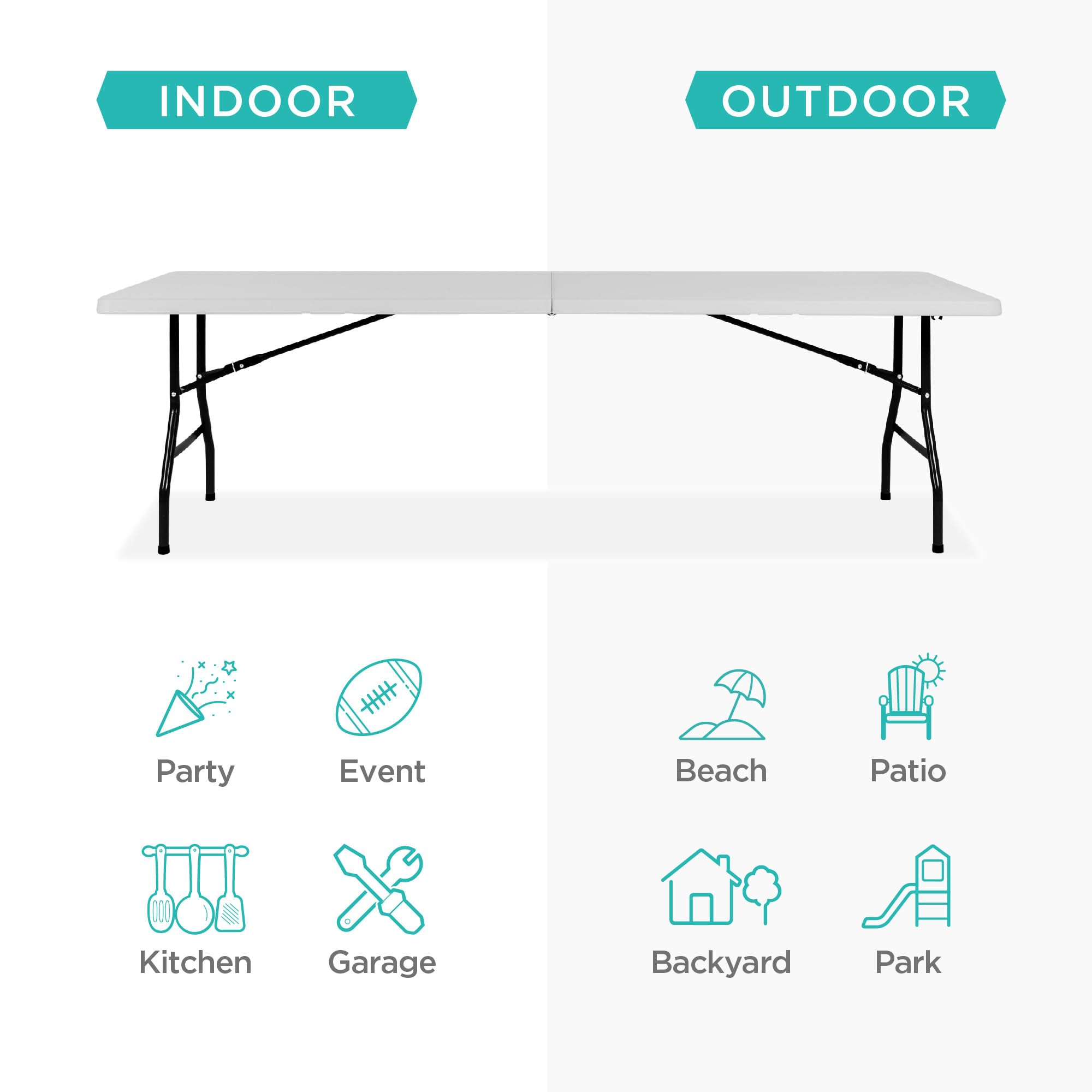 Best Choice Products 8Ft Plastic Folding Table, Indoor Outdoor Heavy Duty Portable W/Handle, Lock For Picnic, Party, Pong, Camping - Light Gray