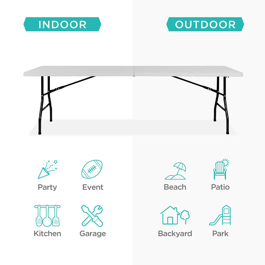 Best Choice Products 8Ft Plastic Folding Table, Indoor Outdoor Heavy Duty Portable W/Handle, Lock For Picnic, Party, Pong, Camping - Light Gray