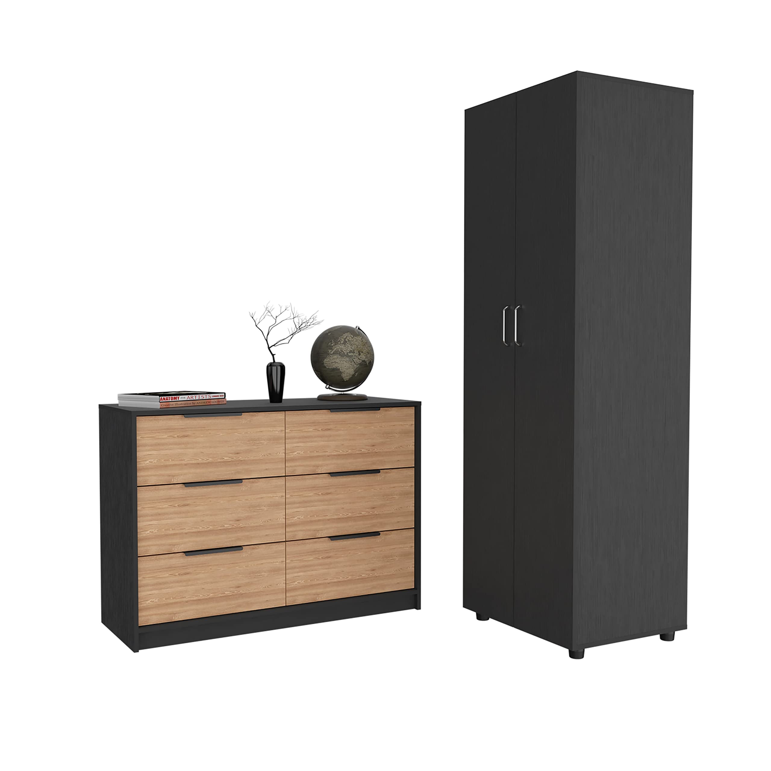 Palmer 2 Piece Bedroom Set, Armoire + Drawer Dresser, Black/Pine