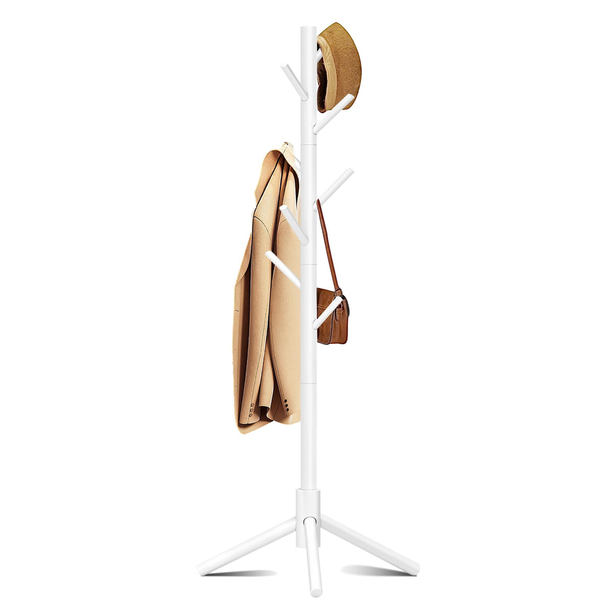 Azaeahom Wooden Coat Rack Stand, Free Standing Coat Rack with 8 Hooks 3 Adjustable Heights for Clothes, Hats, Handbags, Coat Tre