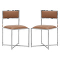 Benjara Eun 20 Inch Vegan Faux Leather Dining Chair, Base, Set of 2, Brown and Chrome