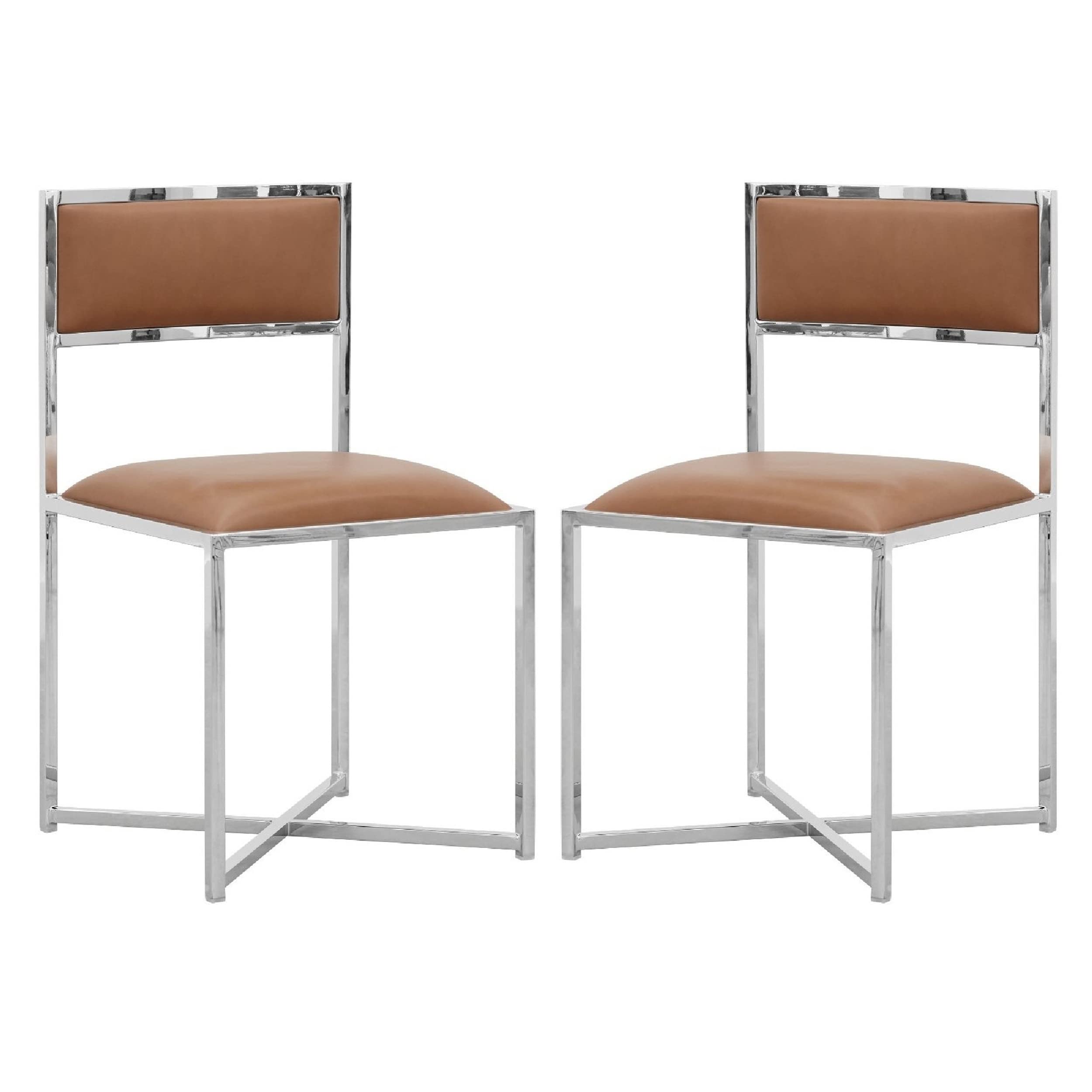 Benjara Eun 20 Inch Vegan Faux Leather Dining Chair, Base, Set of 2, Brown and Chrome